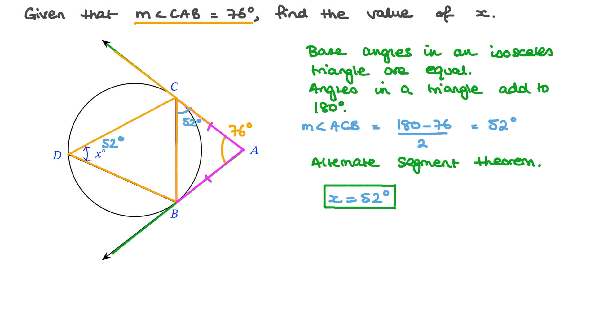 Question Video Using The Alternate Segment Theorem To Find The Measure