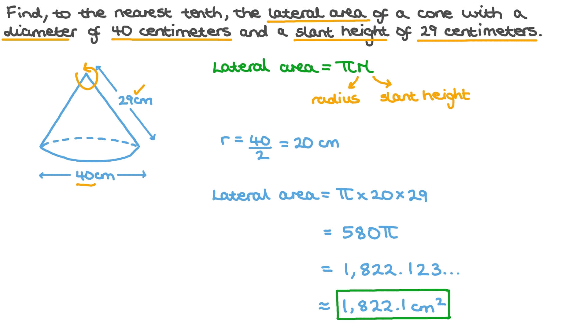 Question Video Finding The Lateral Surface Area Of A Cone Given Its