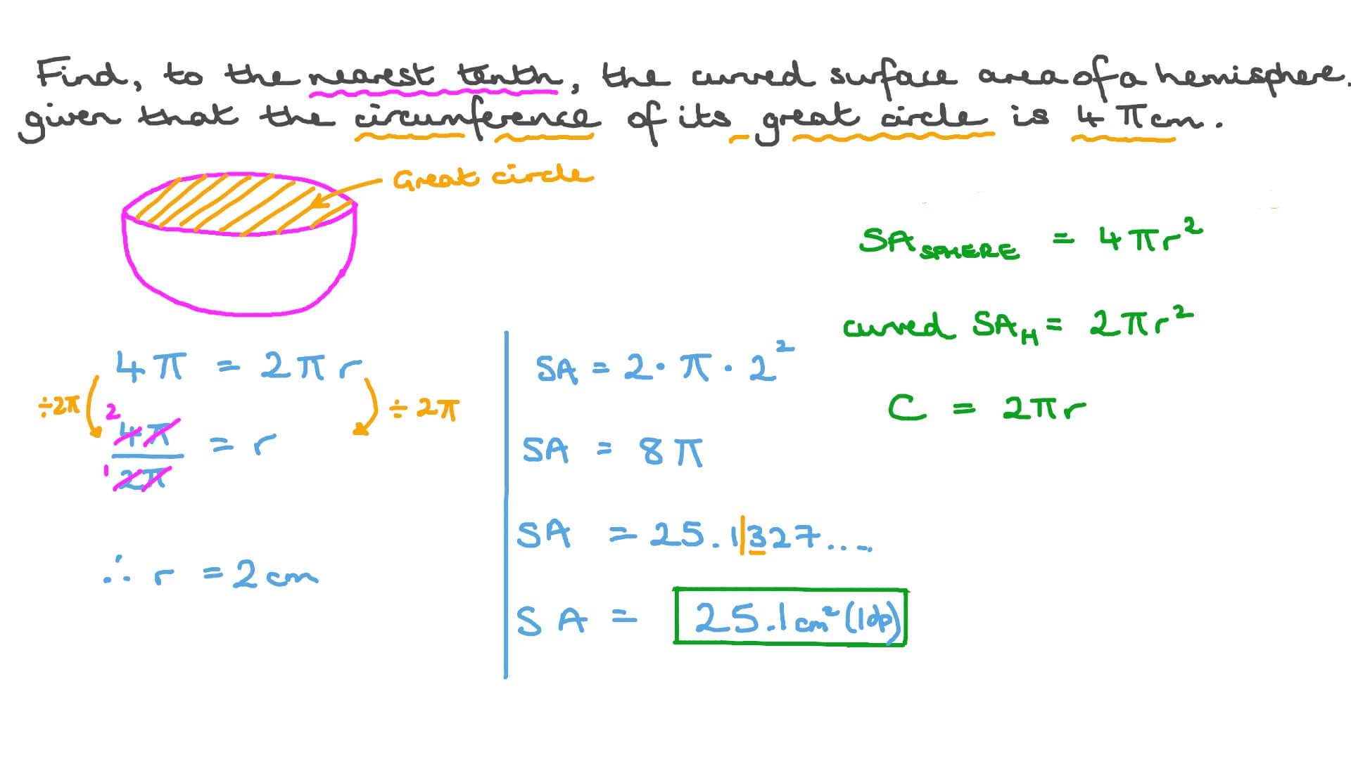 Question Video Finding The Curved Surface Area Of A Hemisphere Given