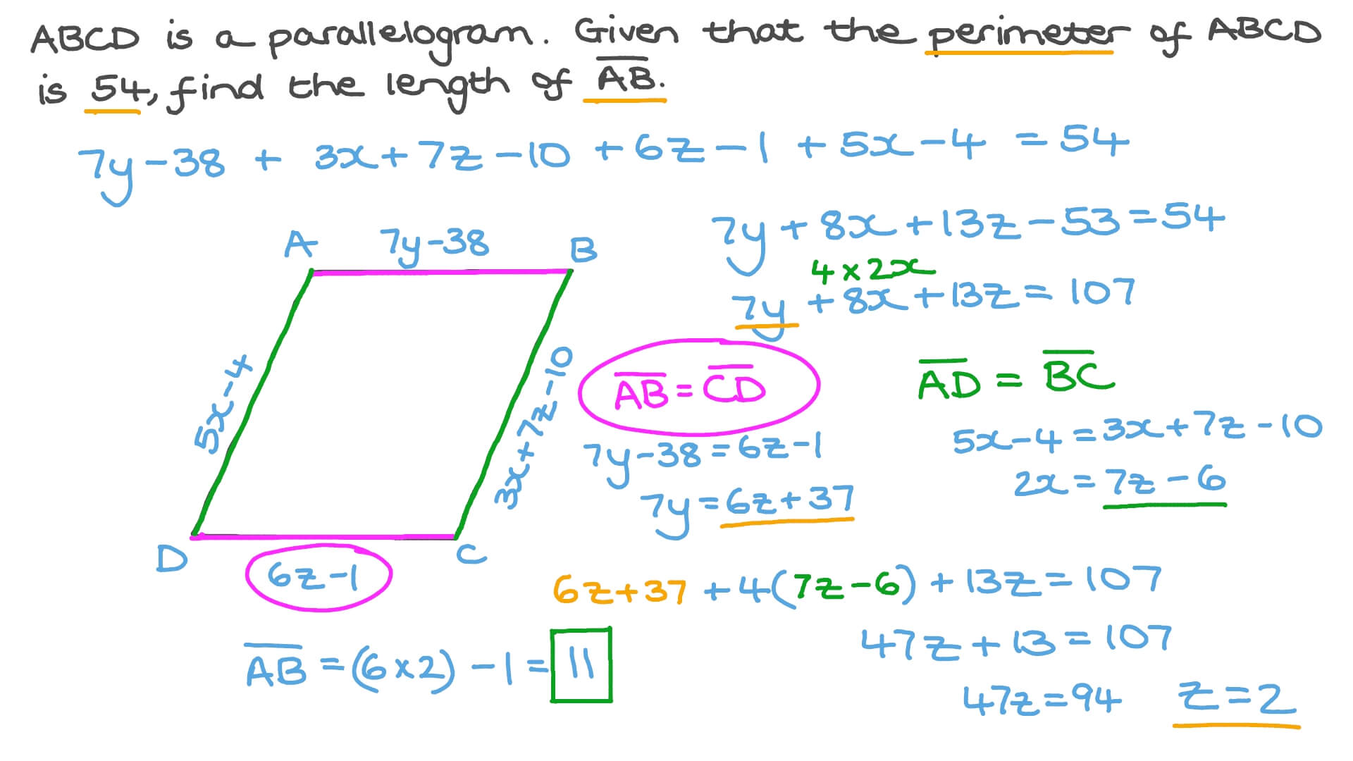 Question Video Finding The Width Of A Parallelogram Given The