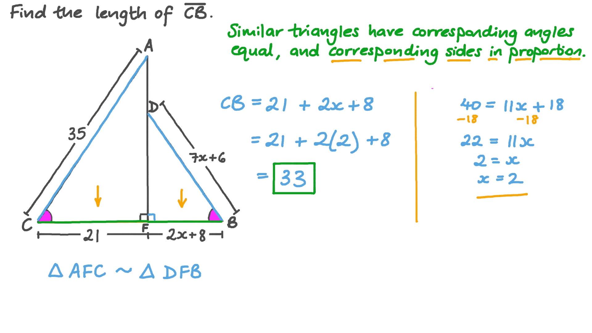Question Video Finding A Side Length In Similar Triangles Nagwa