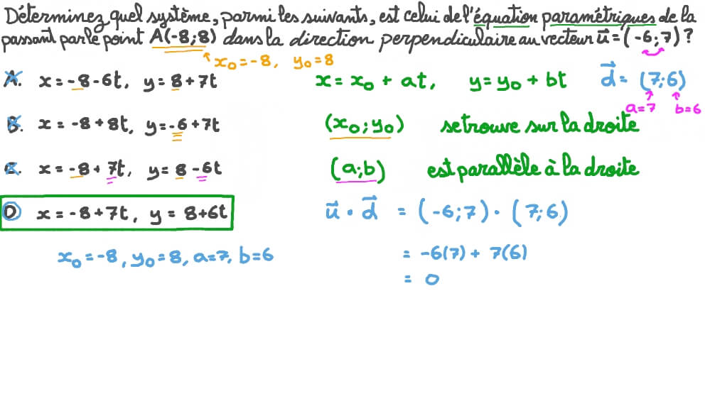 Déterminer les équations paramétriques d’une droite passant par un point donné et sa direction par rapport à un vecteur donné