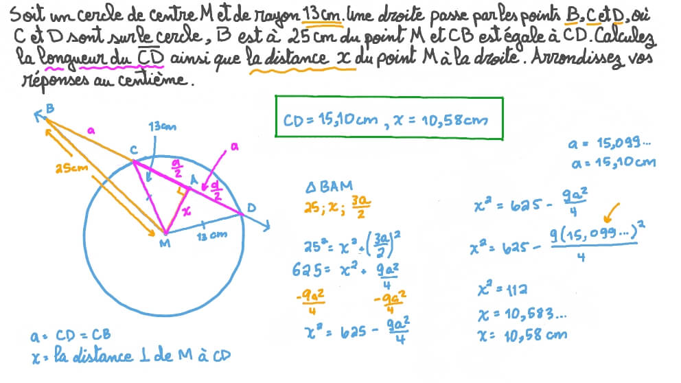 Déterminer la longueur d’un segment coupant un cercle ainsi que sa distance au centre étant donnée deux longueurs et en utilisant les caractéristiques d’un cercle