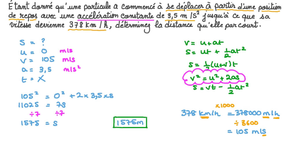 Détermination de la distance parcourue par une particule en accélération constante lorsqu’elle atteint une certaine vitesse