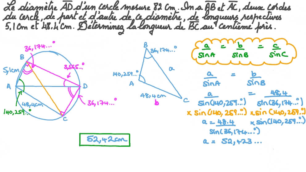 Application de la loi des sinus pour calculer une longueur inconnue dans un triangle.