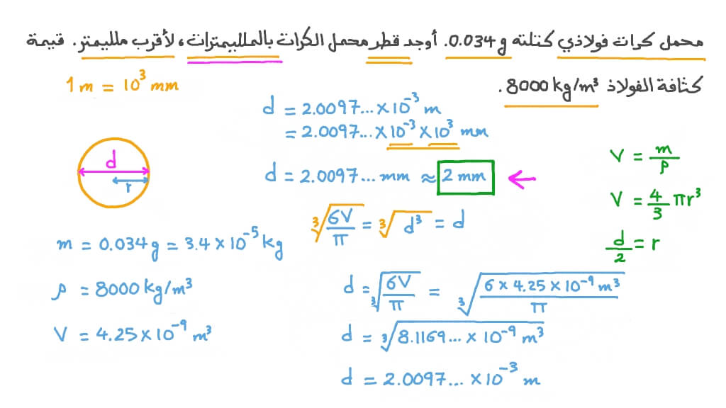 إيجاد قطر كرة بمعلومية كتلتها وكثافتها