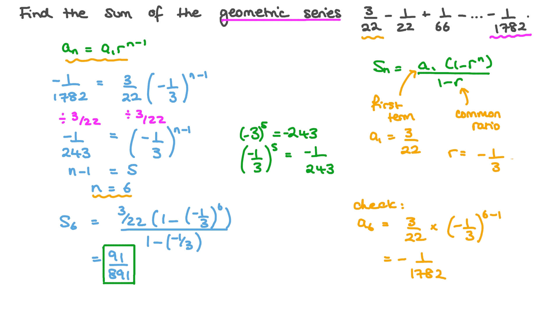 Question video finding the sum of a finite geometric series nagwa