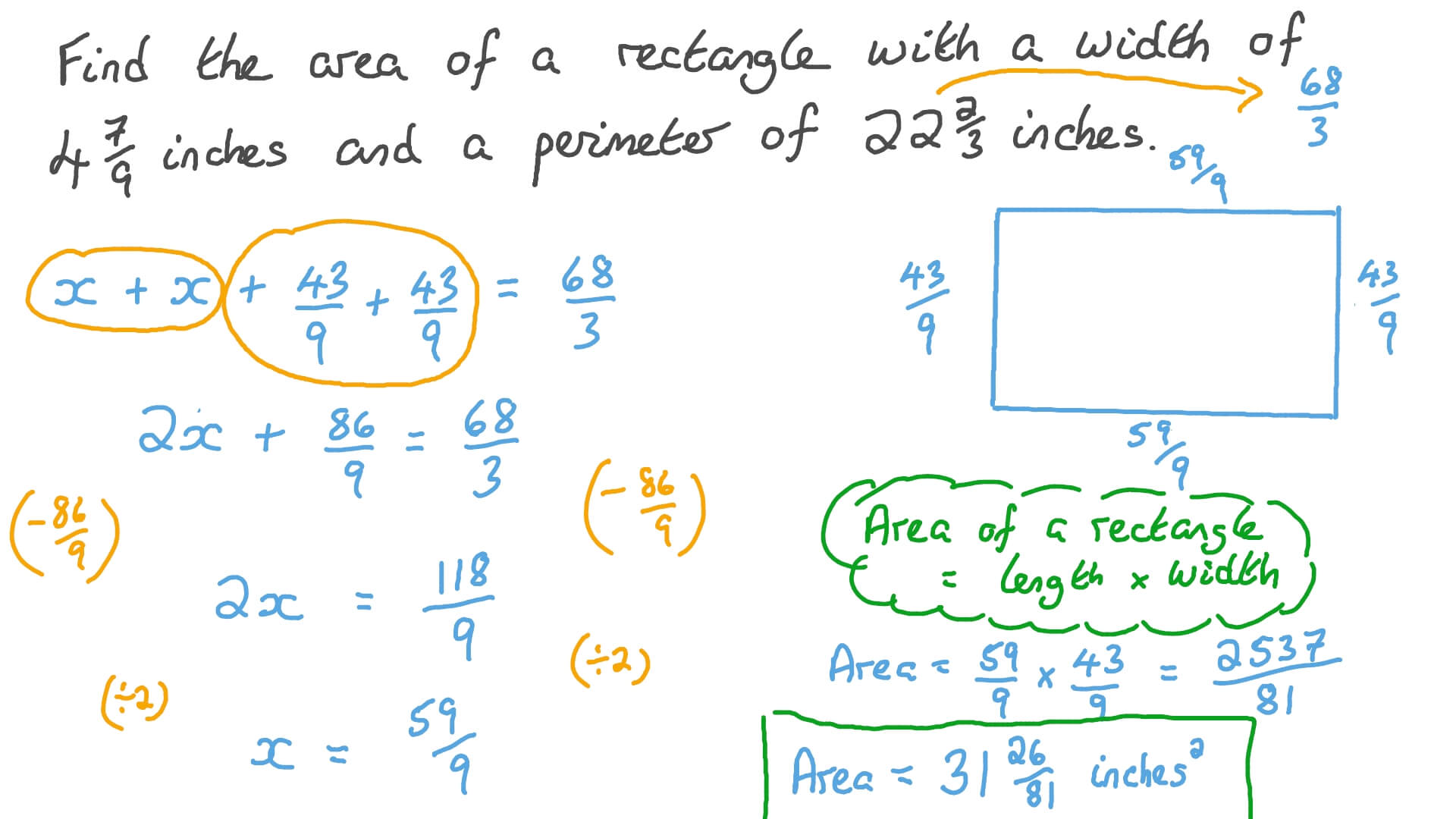 Question Video Using Equations to Find the Area of a Rectangle given