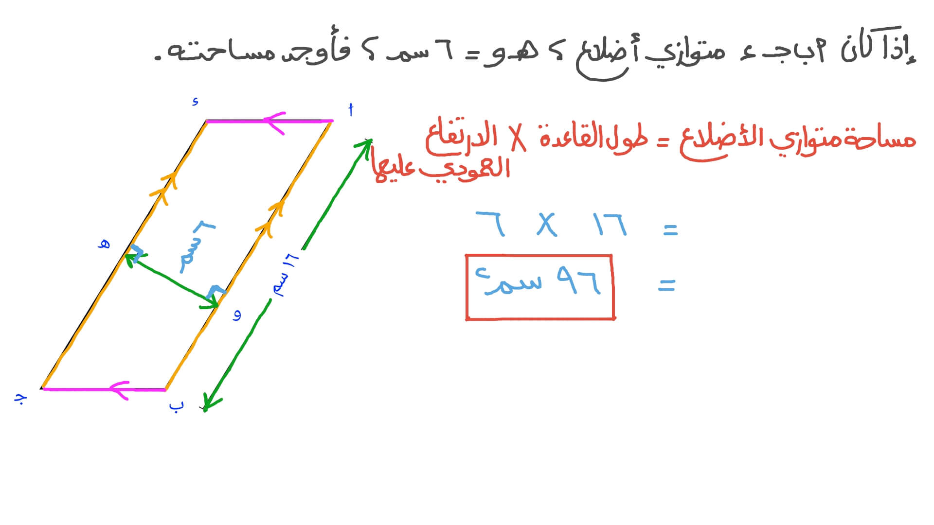 إيجاد مساحة متوازي أضلاع بمعلومية أبعاده