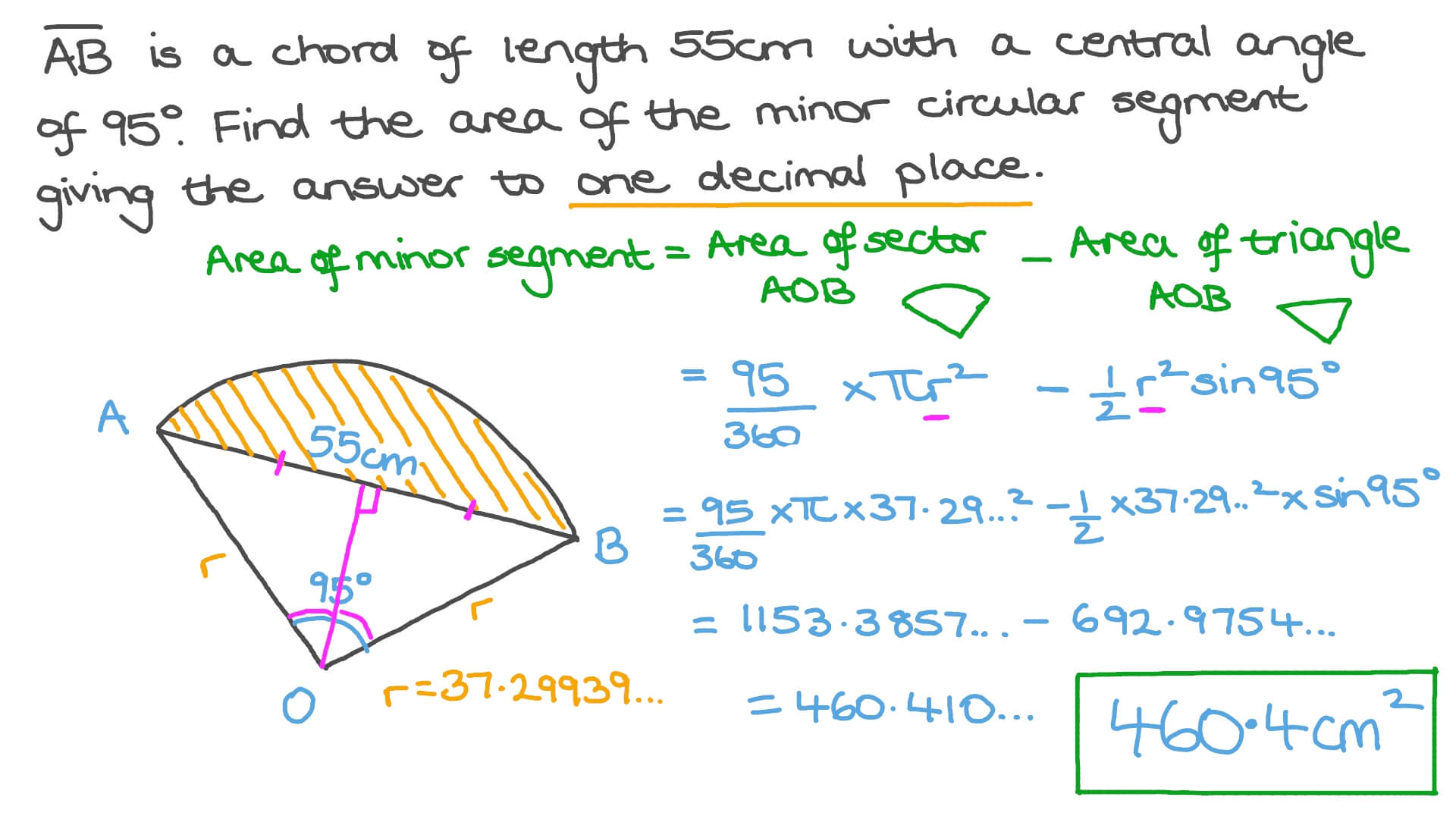 Question Video Finding The Area Of The Minor Circular Segment Nagwa