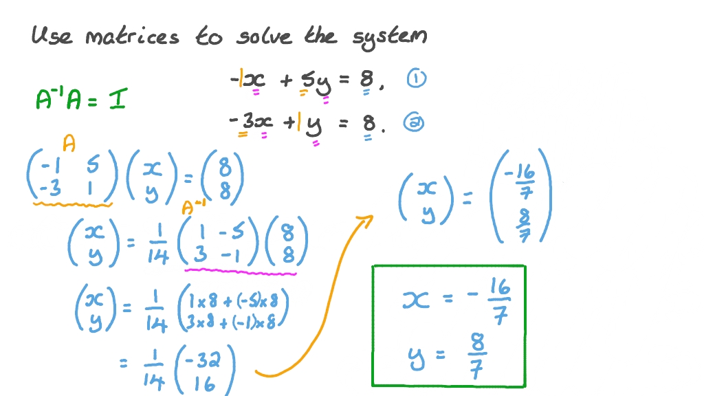 Question Video: Solving a System of Two Equations Using Matrices | Nagwa