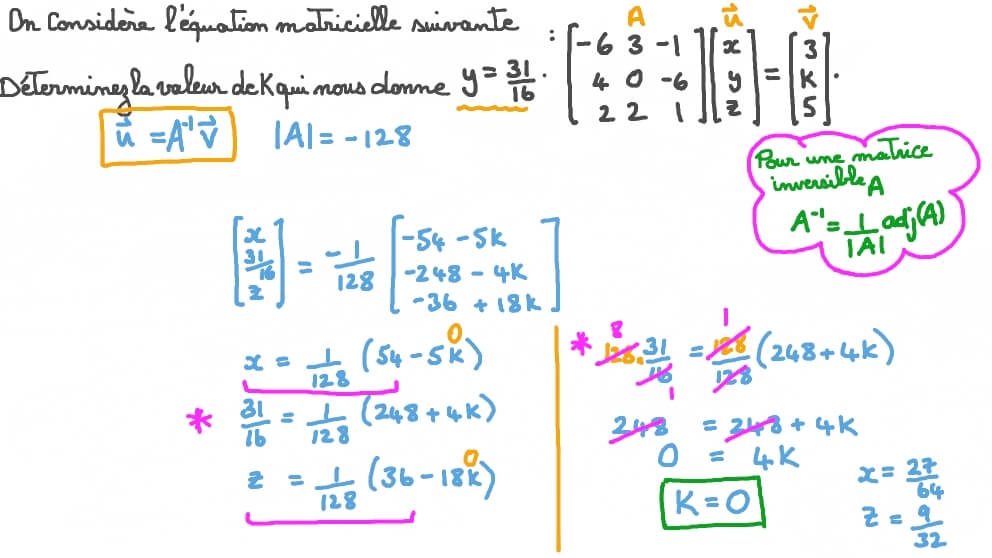 Déterminer une inconnue dans un système de trois équations en utilisant une matrice inverse