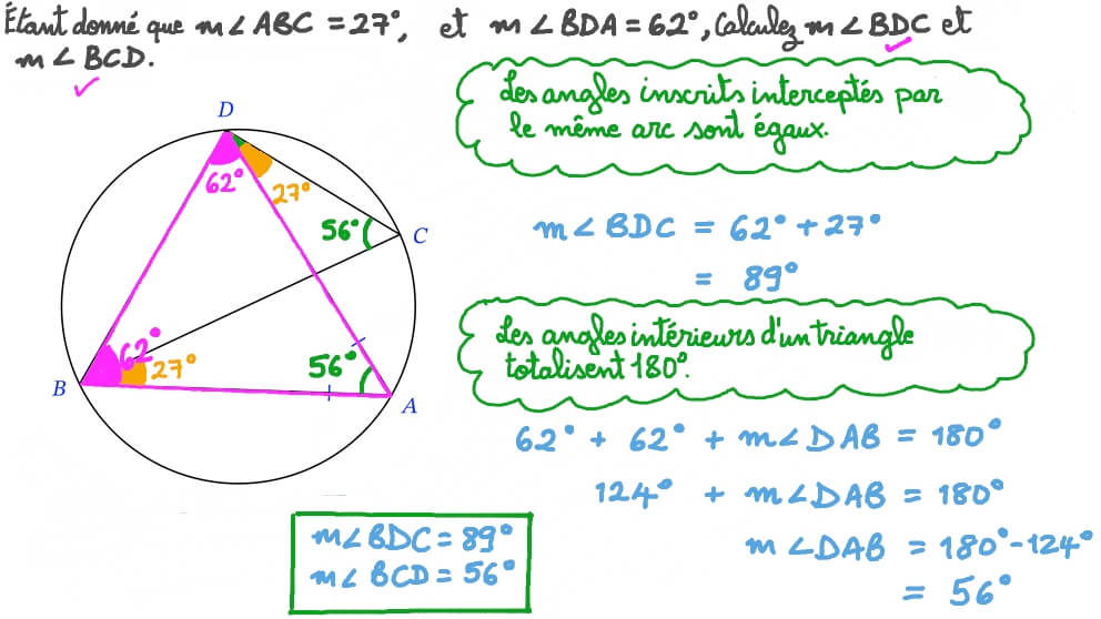 Déterminer la mesure d’un angle en fonction de la mesure de son arc en utilisant un autre angle inscrit