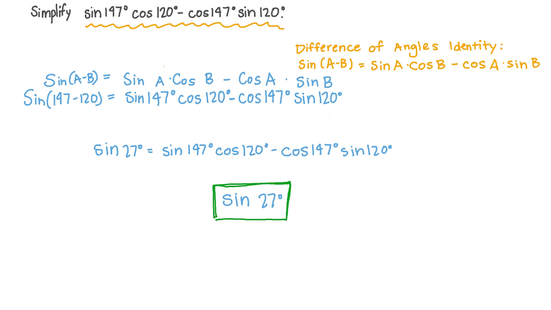 Question Video Simplifying Trigonometric Expressions Using Sum And