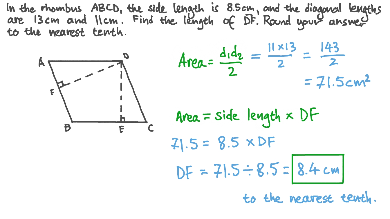 Question Video Finding The Height Of A Rhombus Given The Lengths Of 