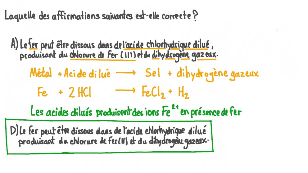 Question Video: Rappel sur les produits de la réaction entre le fer