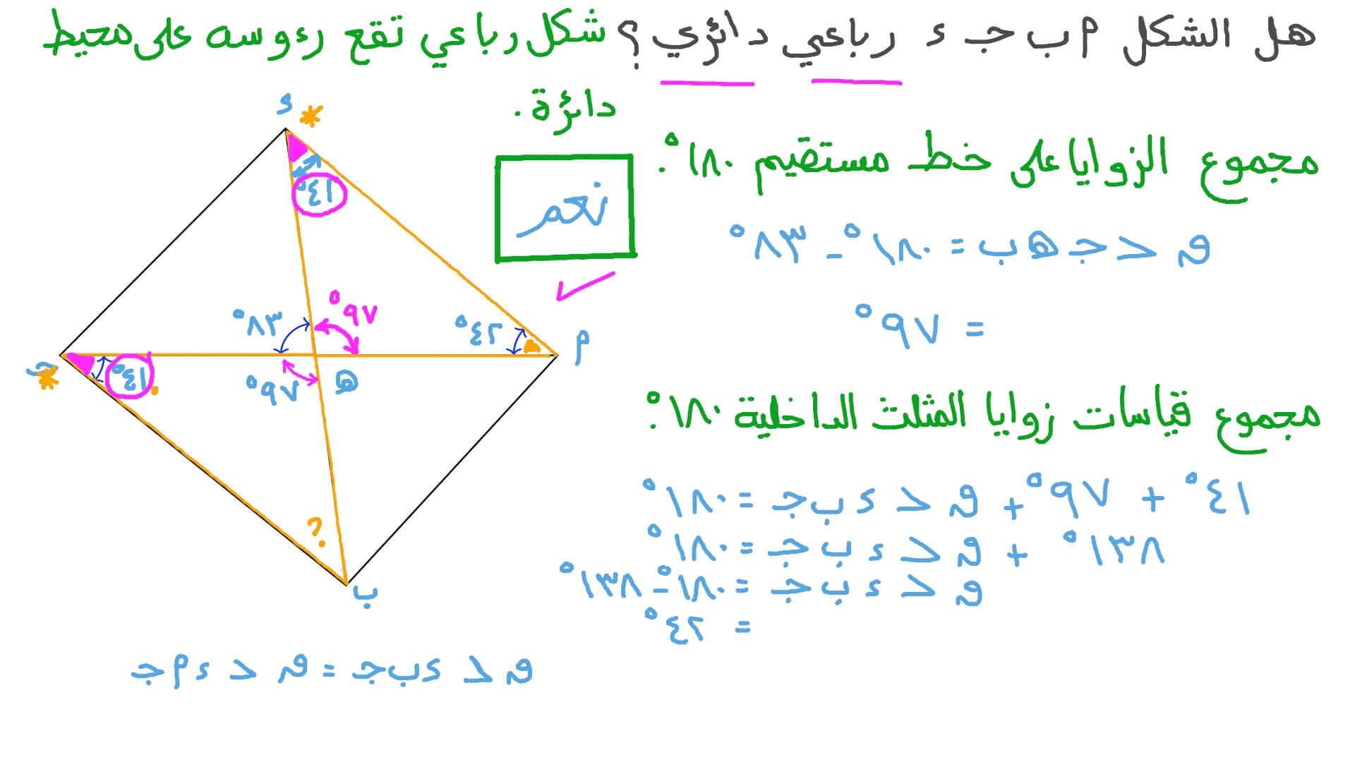 استخدام خواص الأشكال الرباعية الدائرية للتحقق مما إذا كان الشكل الرباعي المعطى دائريًّا