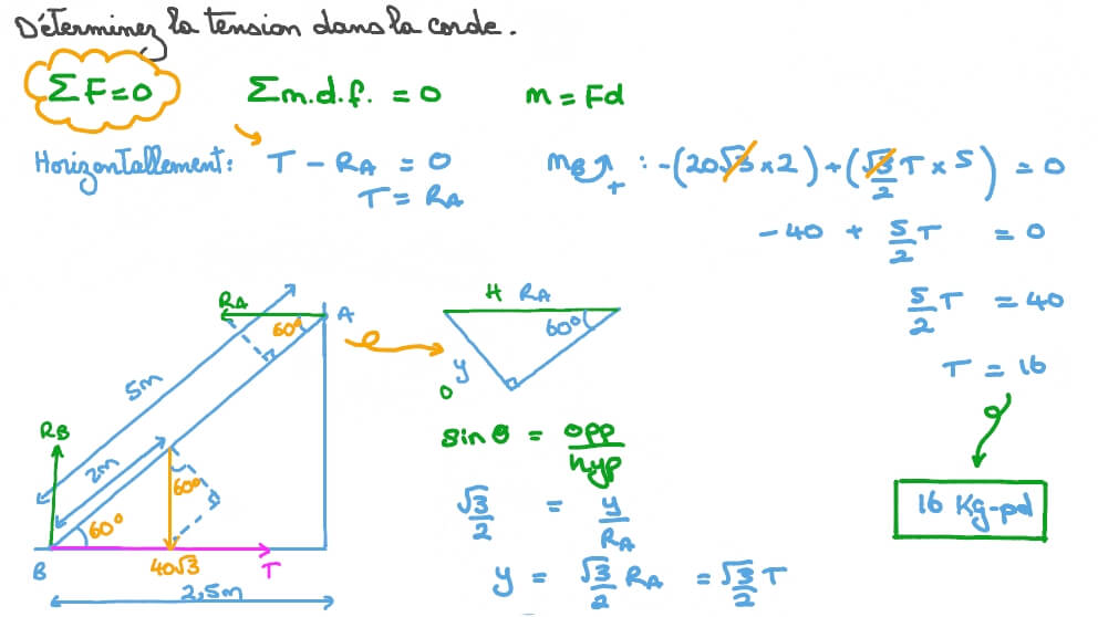 Une échelle repose en équilibre entre un sol lisse et un mur vertical lisse avec une corde attachée à son extrémité inférieure