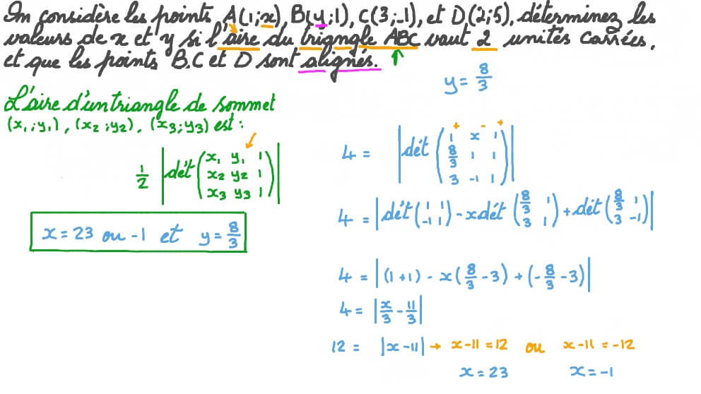 Déterminer des inconnues en utilisant des aires et les propriétés des déterminants