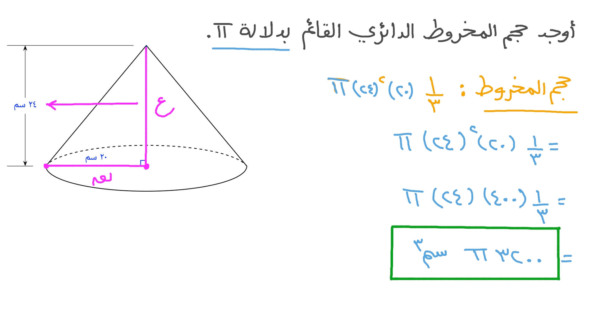 إيجاد حجم مخروط بمعلومية ارتفاعه ونصف قطر قاعدته