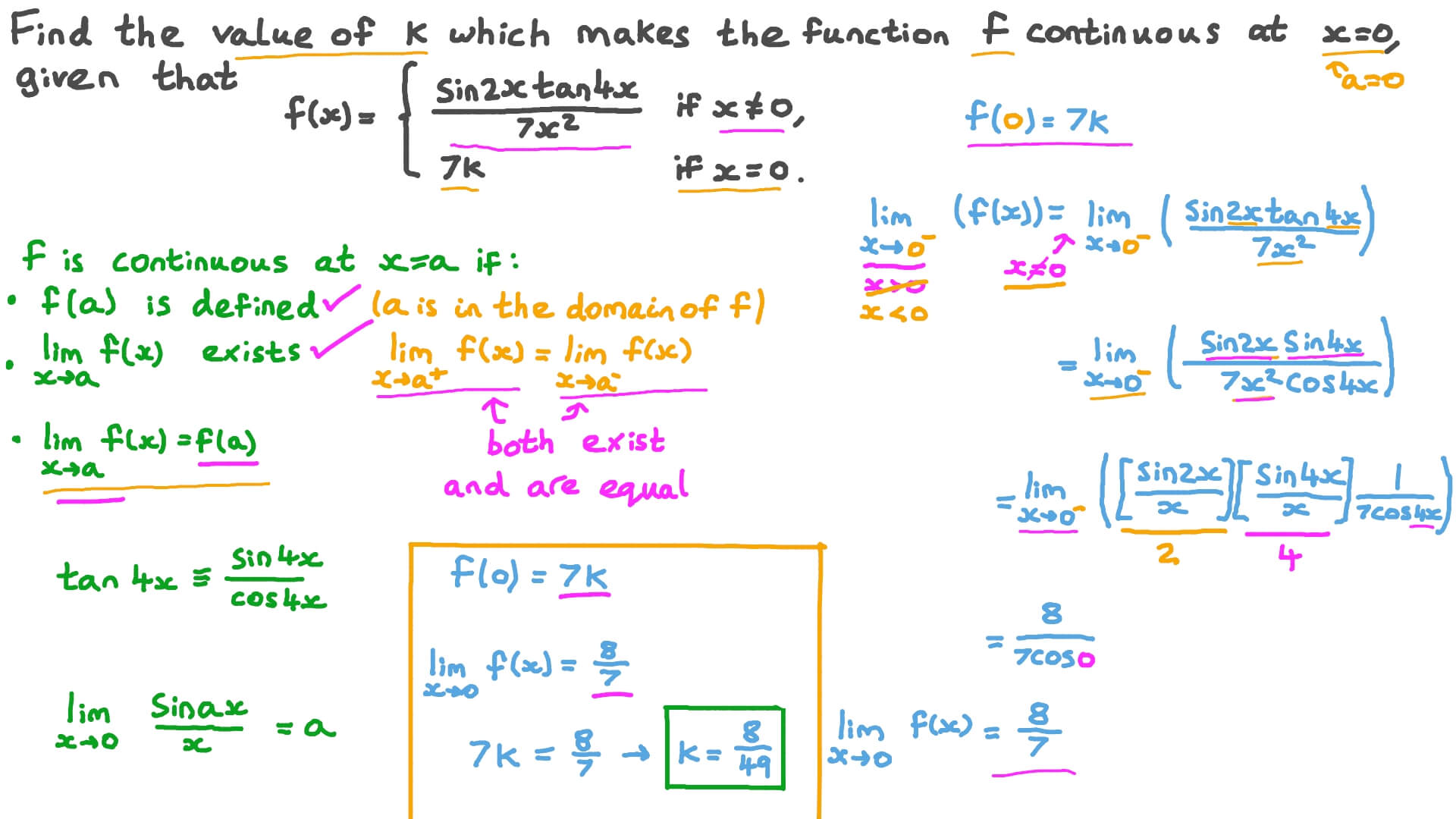 Question Video Finding An Unknown In A Piecewise Defined Function Involving Trigonometric Ratios That Makes It Continuous At A Point Nagwa