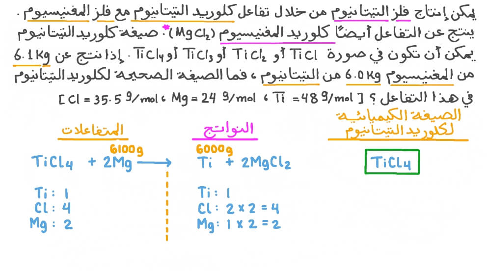 استخدام الحسابات الكيميائية التكافئية لتحديد الصيغة الكيميائية لكلوريد التيتانيوم