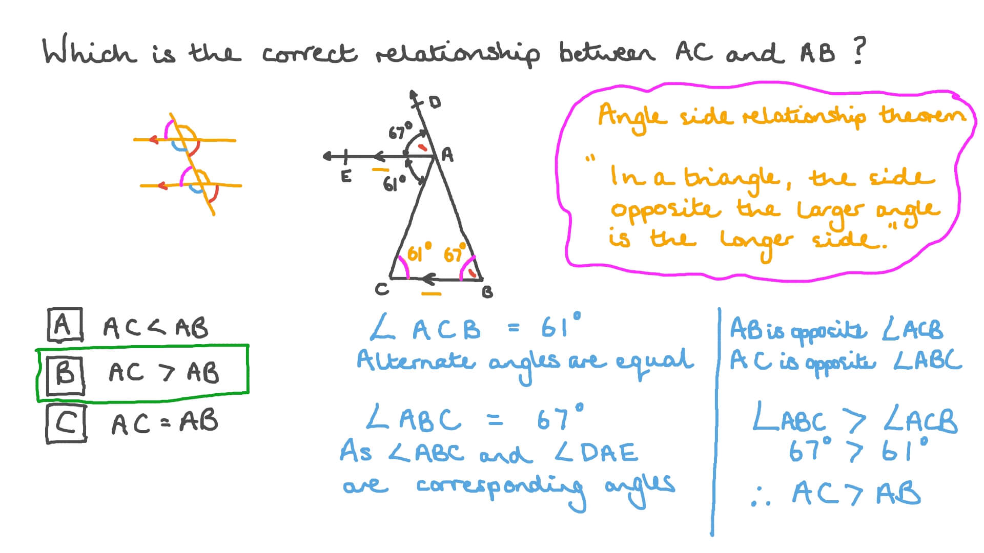 Question Video The Relation Between The Sides And Corresponding Angles