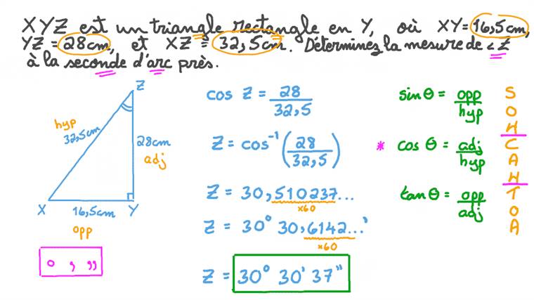 Déterminer la mesure d’un angle dans un triangle rectangle à partir des longueurs de ses côtés