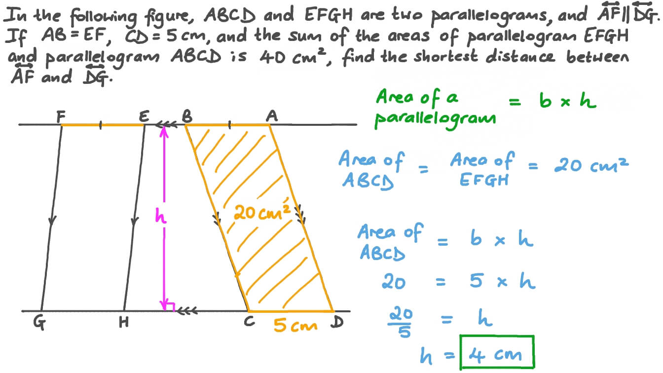 Finding the Distance between Two Parallel Lines given the Sum of the Areas of Parallelograms Drawn