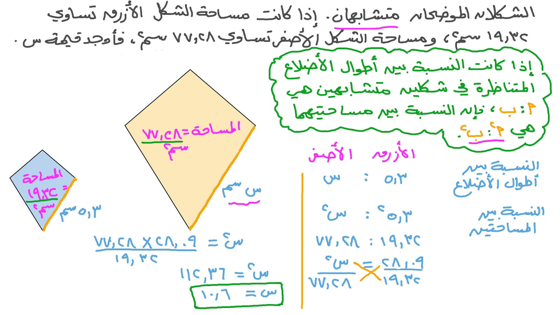 إيجاد طول ضلع في مضلع بمعلومية طول الضلع المناظر له في مضلع مشابه والنسبة بين مساحتيهما