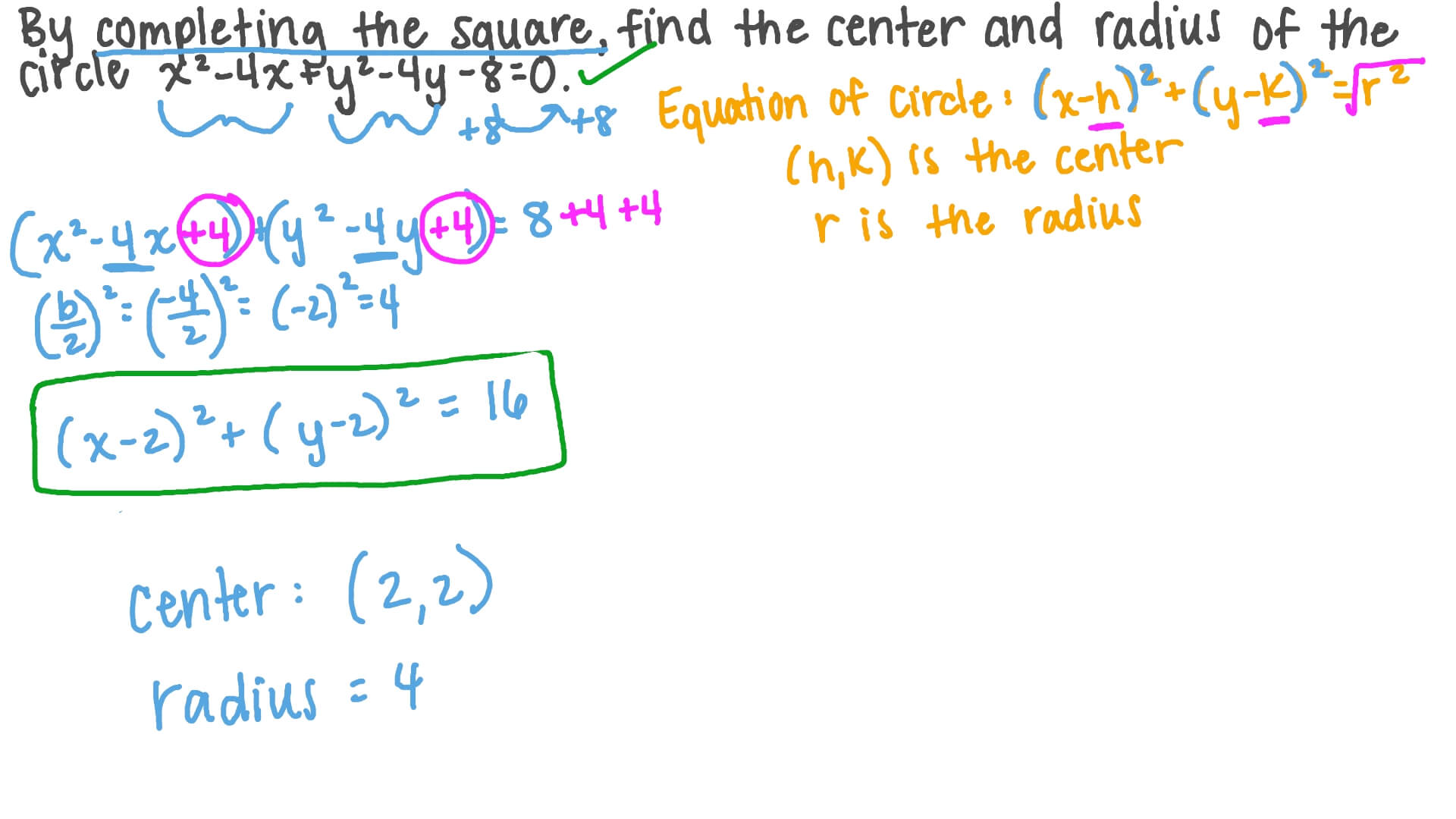 Question Video Finding The Center And Radius Of A Circle By Completing The Square Nagwa