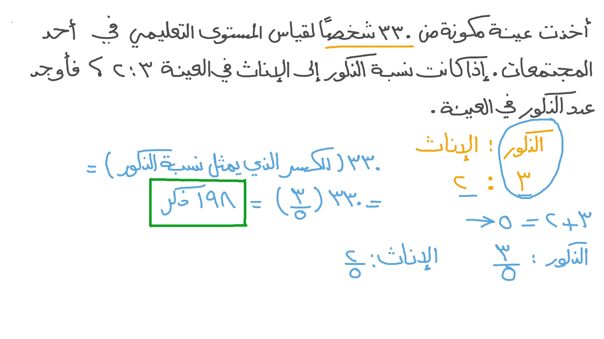 حل المسائل الكلامية التي تتضمن أخذ العينات والنسب