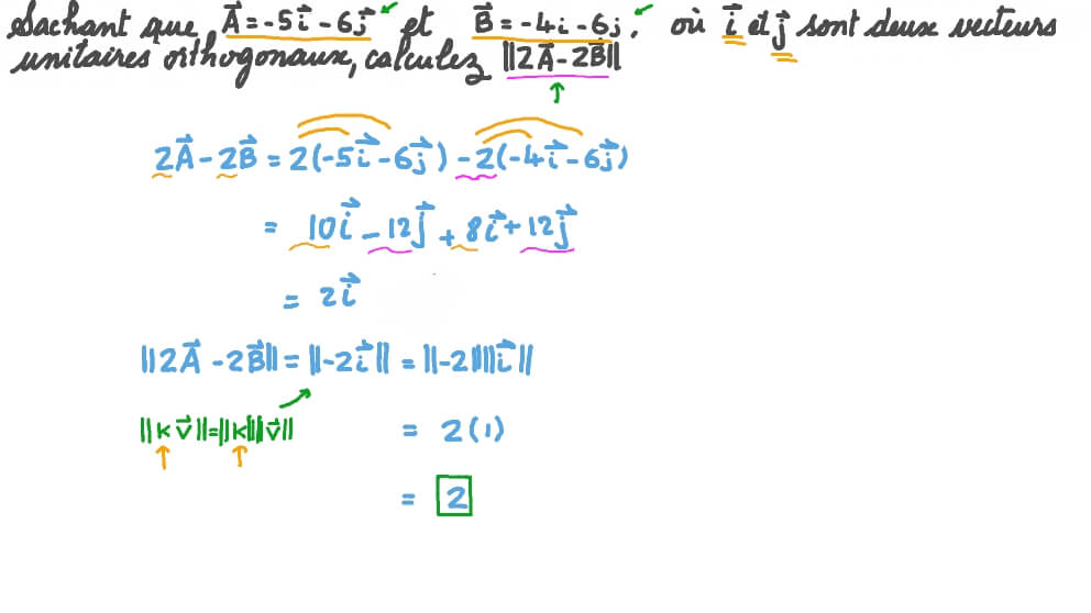 Calculer la norme d’expressions impliquant la soustraction et la multiplication par un nombre réel de vecteurs en deux dimensions