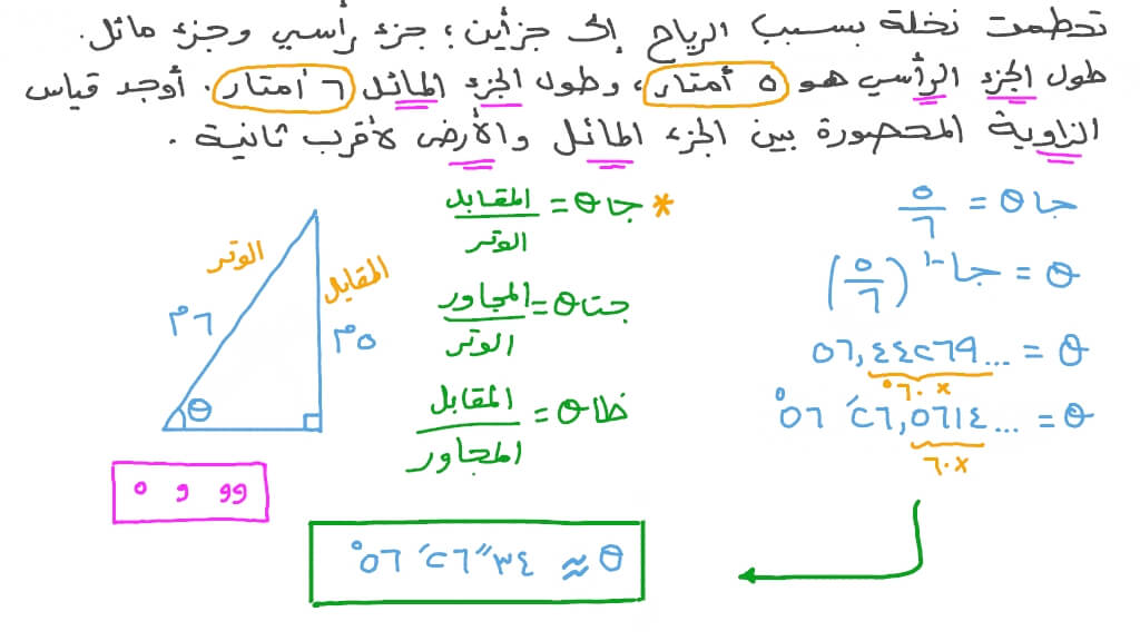 استخدام حساب المثلثات للمثلث القائم الزاوية لحل مسائل كلامية