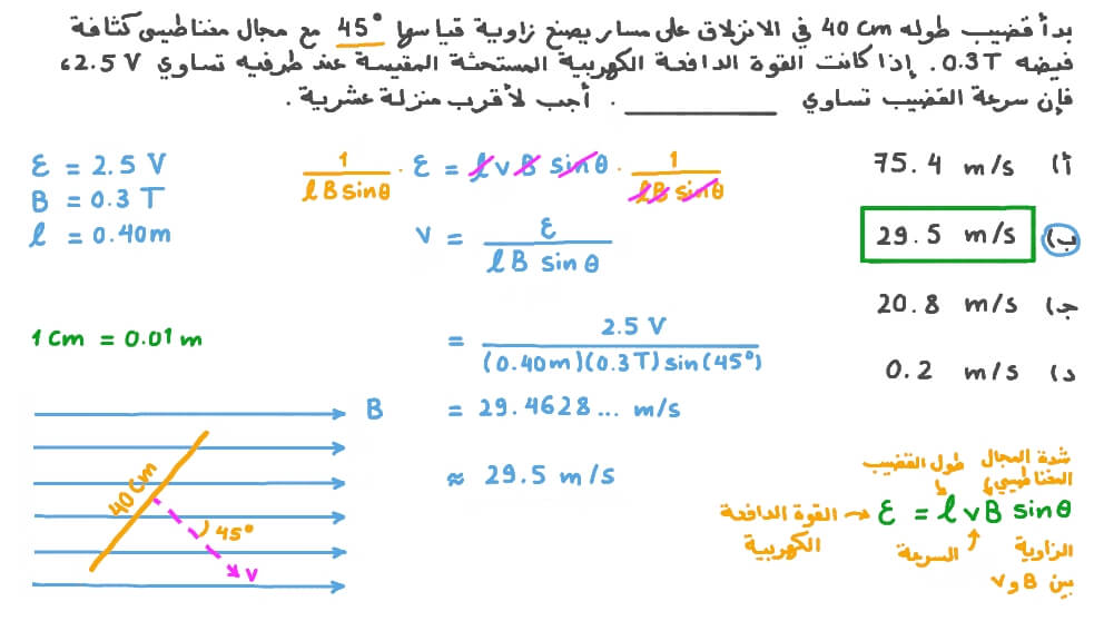 حساب سرعة قضيب في مجال مغناطيسي