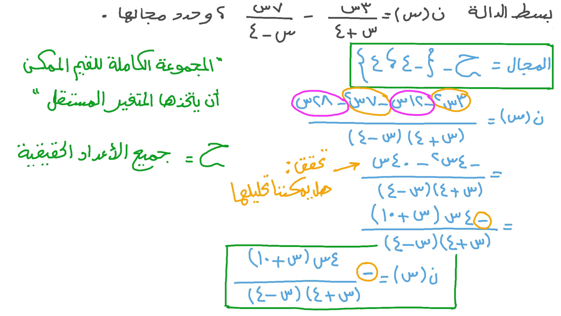 تبسيط مجال الفرق بين دالتين كسريتين وتحديده