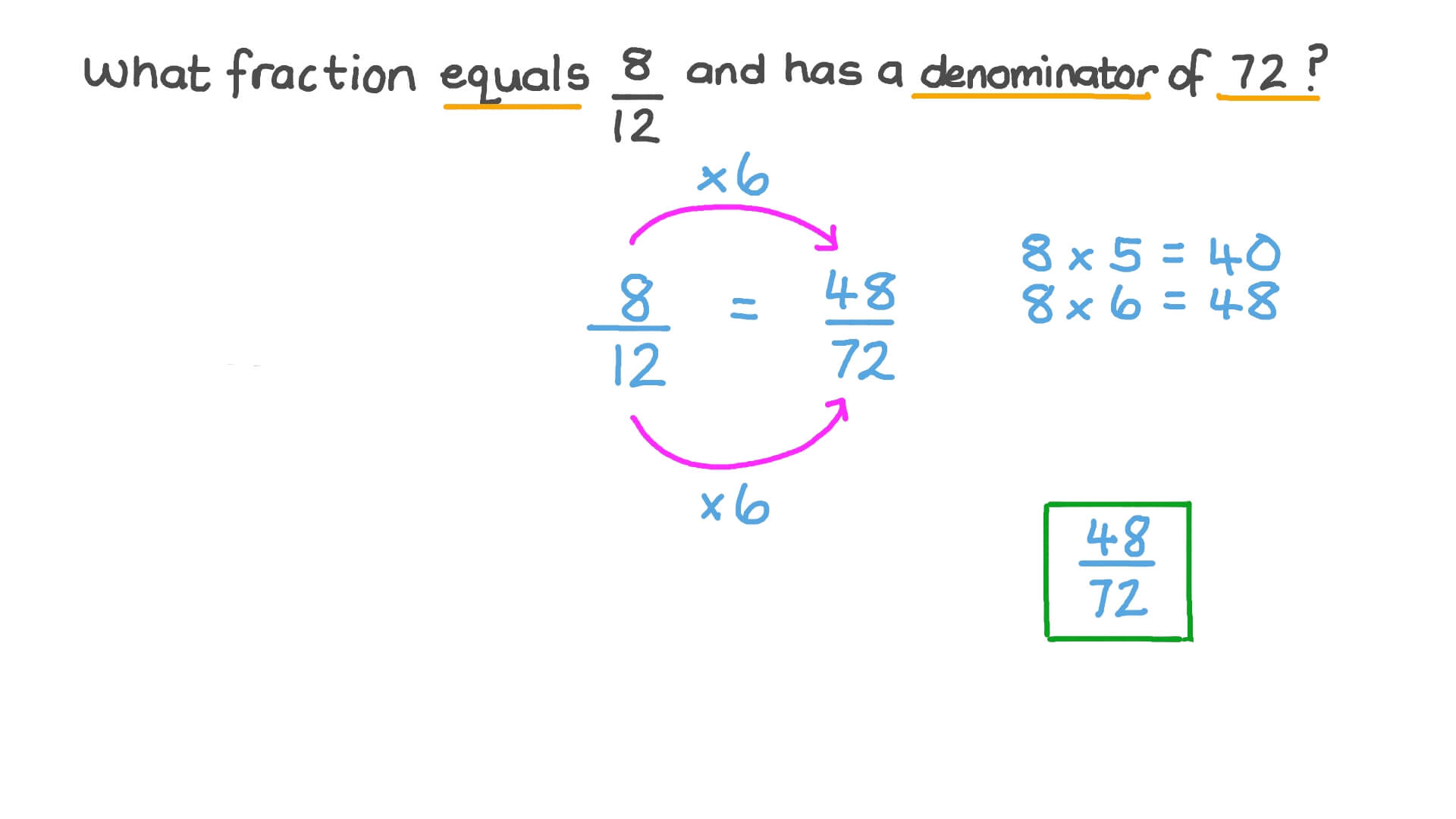 Question video identifying equivalent fractions under a certain