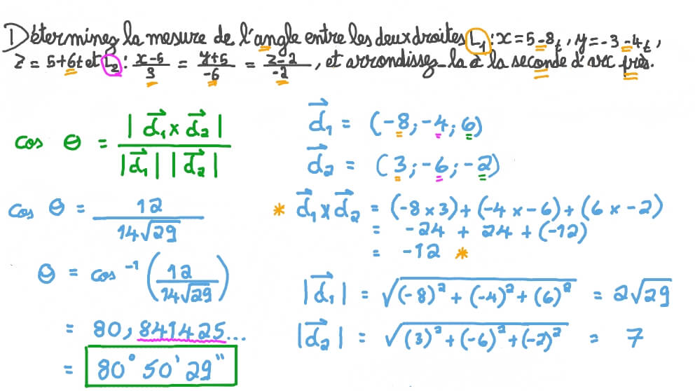 Déterminer la mesure de l’angle entre deux droites compte tenu de leurs équations en trois dimensions