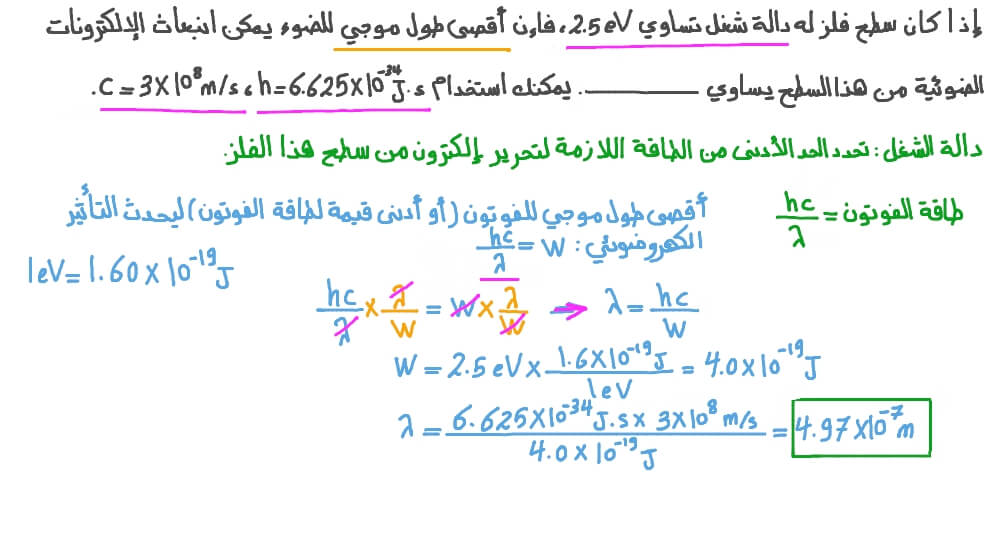 حساب أقصى طول موجي للإلكترونات الضوئية