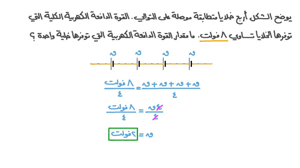 استنتاج القوة الدافعة الكهربية لخلية من القوة الدافعة الكهربية الكلية لمجموعة من الخلايا المتطابقة الموصلة على التوالي