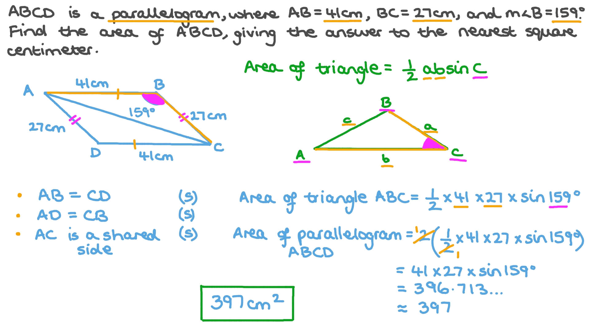 Question Video Finding The Area Of A Parallelogram Using The
