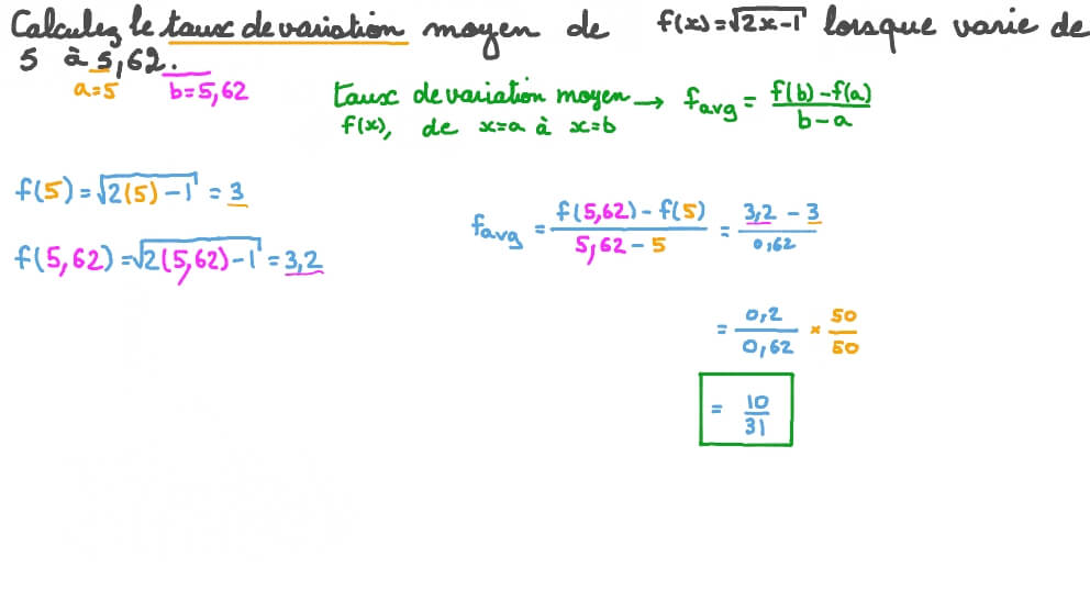 Déterminer le taux de variation moyen entre deux points pour des fonctions avec racines