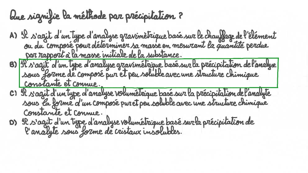 Identifier l’énoncé qui décrit le mieux la méthode par précipitation