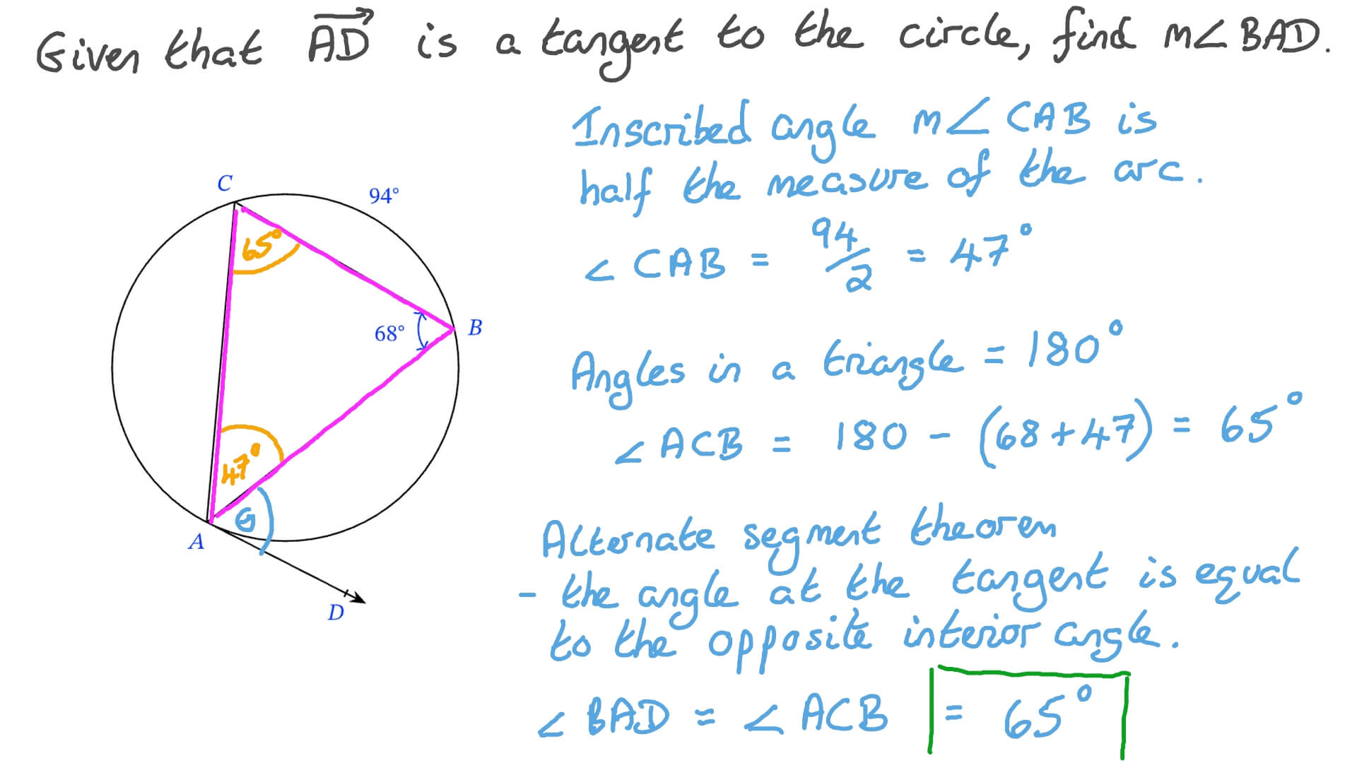 Question Video Finding The Measure Of An Angle Of Tangency Given The
