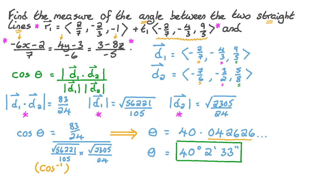 Finding the Measure of the Angle between Two Straight Lines in Three Dimensions given Their Equations