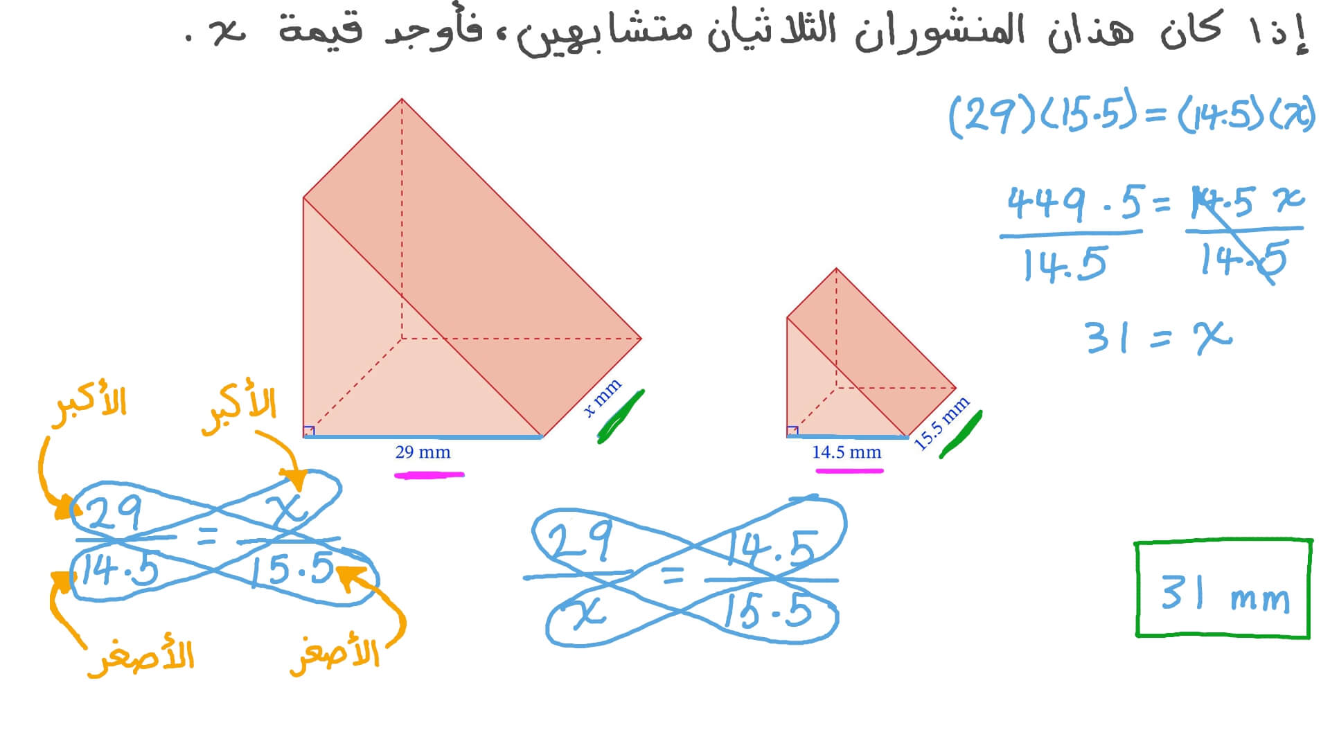 إيجاد بعد مجهول لمنشور ثلاثي باستخدام التشابه