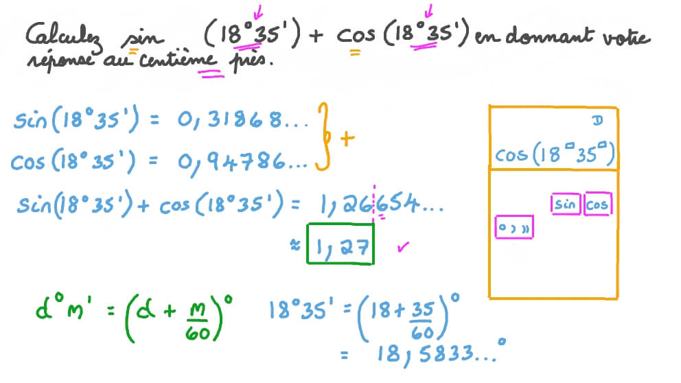 Calculer somme du sinus et du cosinus d’un angle donné