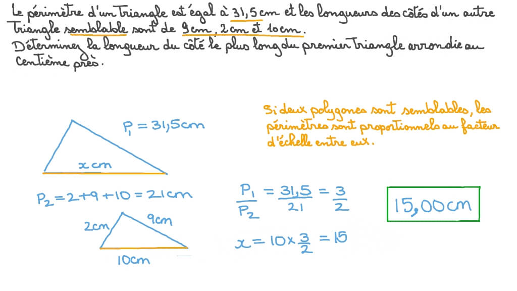 Déterminer la longueur du côté le plus long d’un triangle compte tenu de son périmètre et des dimensions d’un triangle similaire